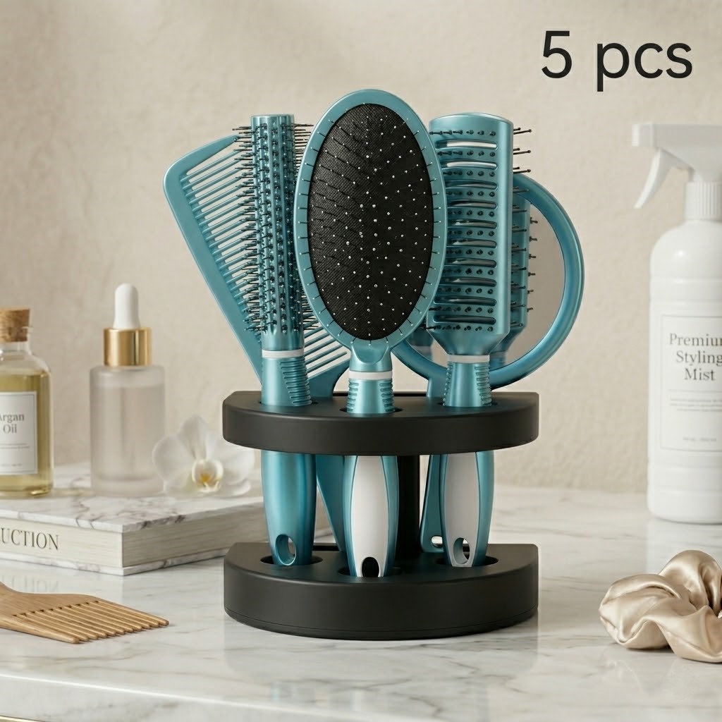 5-Piece Teal Hairbrush & Mirror Set with Stand | طقم فرش شعر ومرآة كاملة مع ستاند